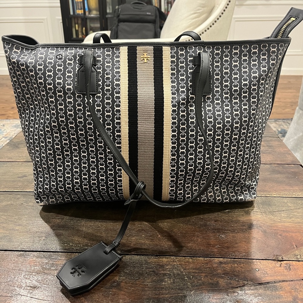 Tory Burch Black, Cream & Tan Patterned Canvas Tote